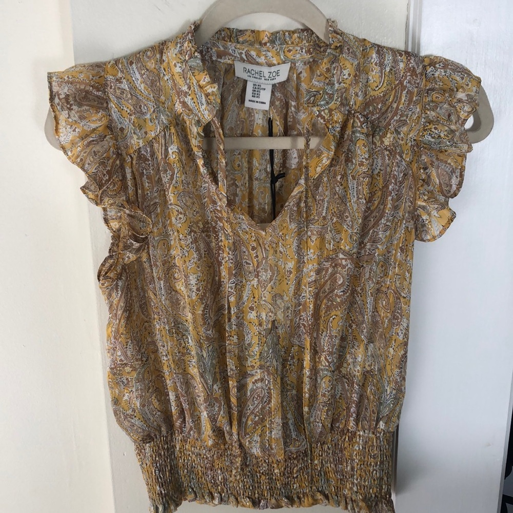 Rachel Zoe NEW Tan & Gold Yellow Paisley Ruffle Sleeve Blouse Top NWT